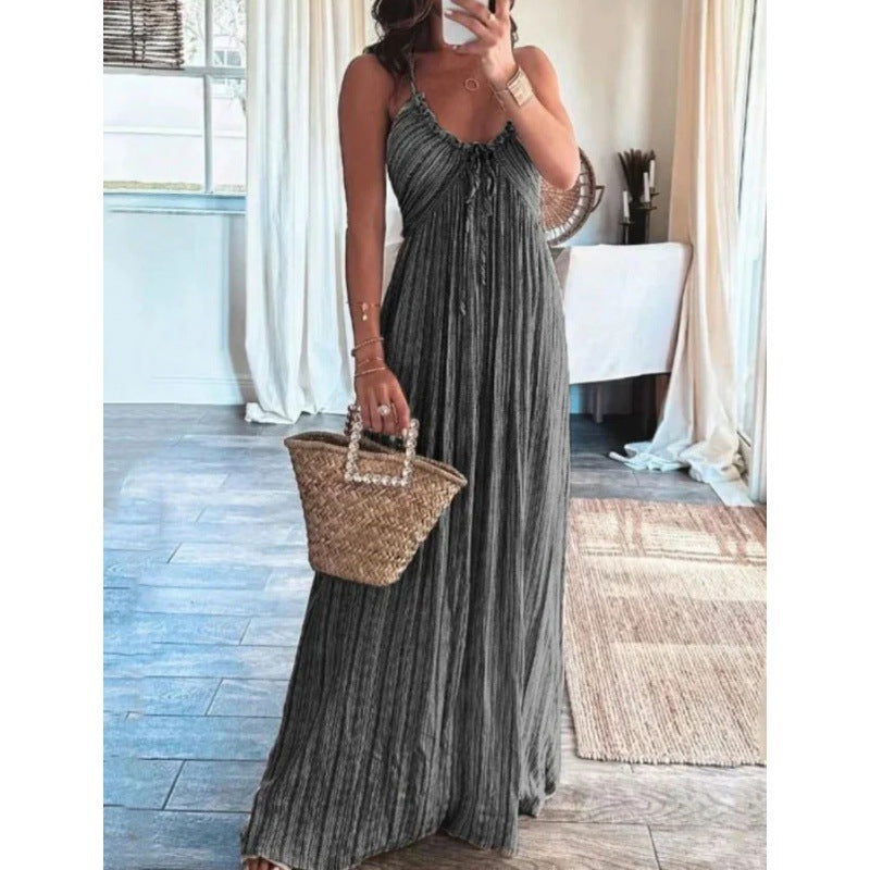 Pleated U-neck Sexy Halter-neck Maxi Dress