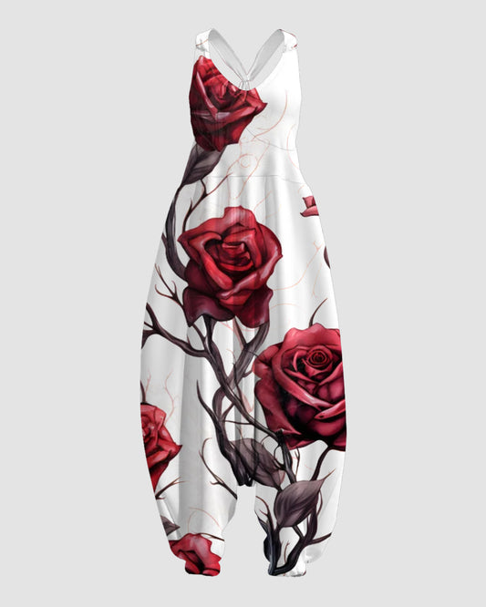 Women's Red Roses and Skull Print Sleeveless Jumpsuit Harem Pants