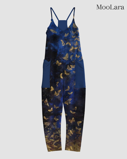 Women's Golden Butterfly Print Sleeveless Jumpsuit