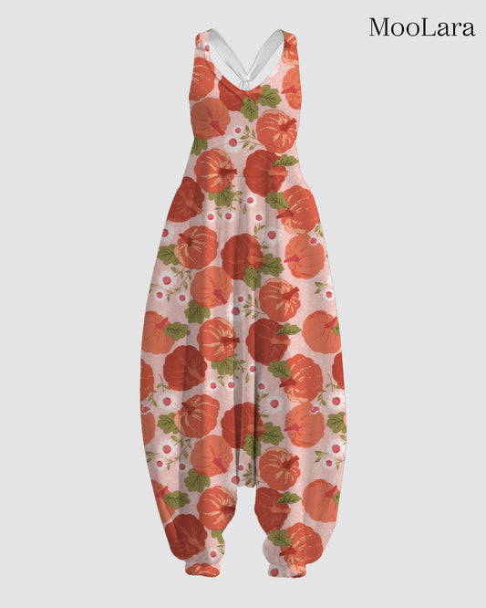 Women's Red Pumpkin with Flower Print Sleeveless Jumpsuit Harem Pants