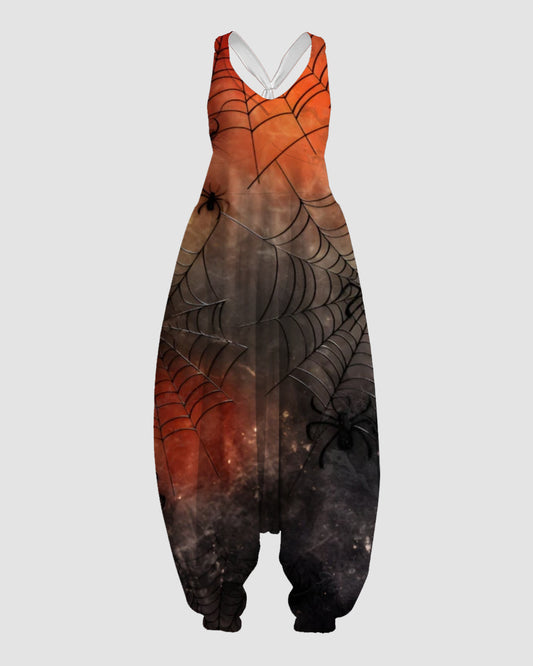 Women's Scary Cobweb Print Sleeveless Jumpsuit Harem Pants