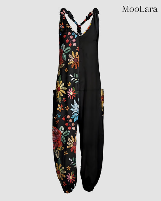 Womens Summer Flower Pattern Sleeveless Harem Jumpsuit