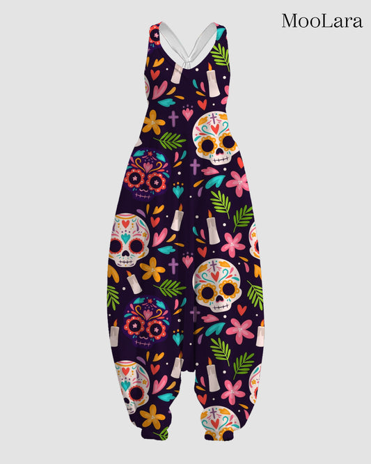 Women's Skull & Candles Print Sleeveless Jumpsuit Harem Pants