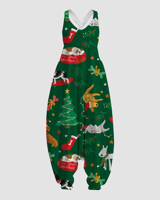 Women's Christmas Dog Print Sleeveless Jumpsuit Harem Pants