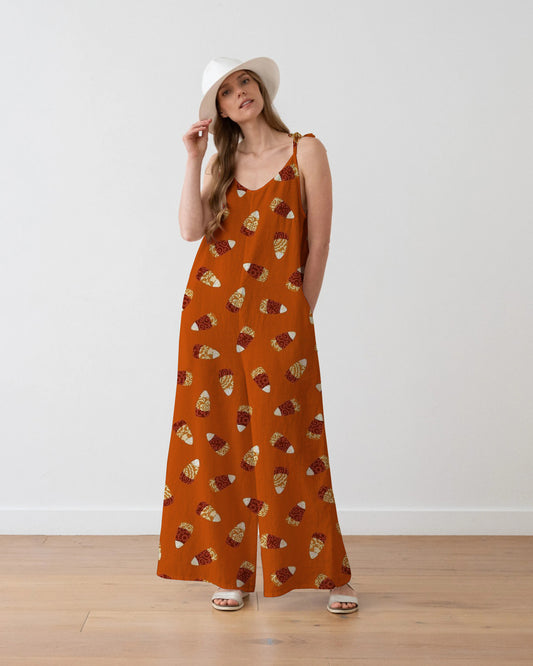 Women's Orange Candy Corn Print Loose Fit Cotton and Linen Jumpsuit