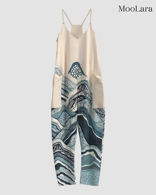 Women's Mountain and Sea Print Sleeveless Jumpsuit