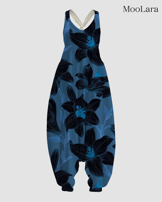 Women's Black Flower Print Sleeveless Jumpsuit Harem Pants