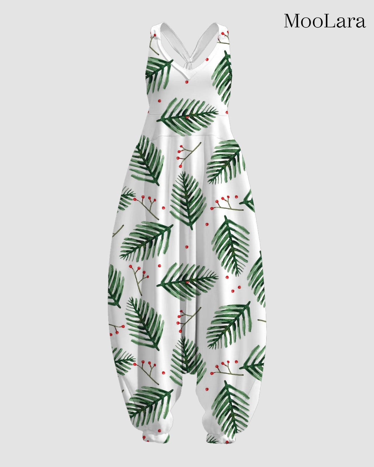 Women's Pine Twigs and Red Winter Berries Print Sleeveless Jumpsuit Harem Pants