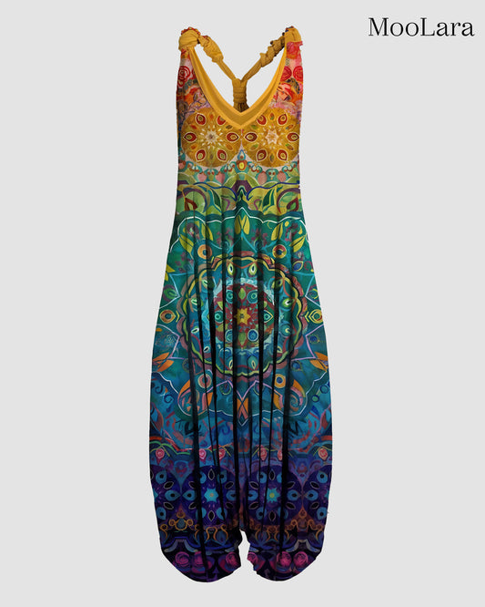 Women Retro Colorful Pattern Print Sleeveless Harem Jumpsuit