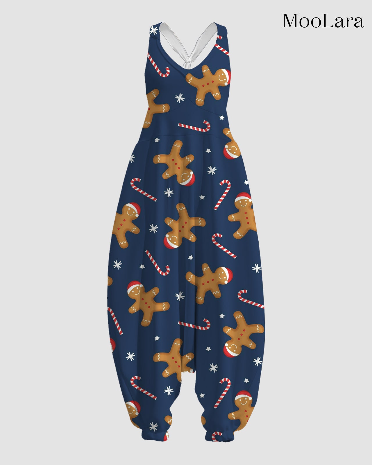 Women's Gingerbread and Candy Canes Print Sleeveless Jumpsuit Harem Pants