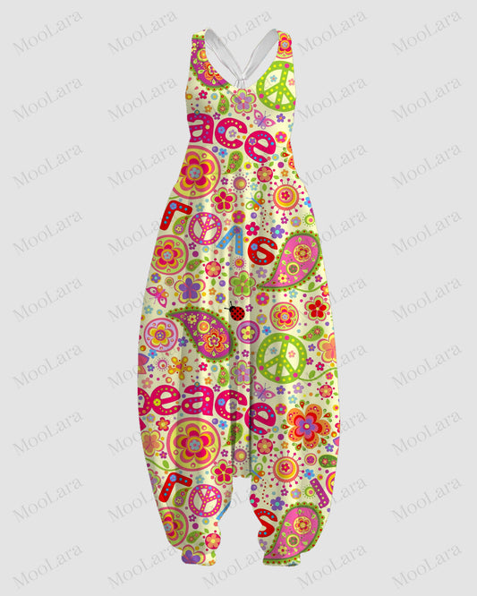 Women's Hippie Watercolor Peace Flower Power Print Sleeveless Jumpsuit Harem Pant