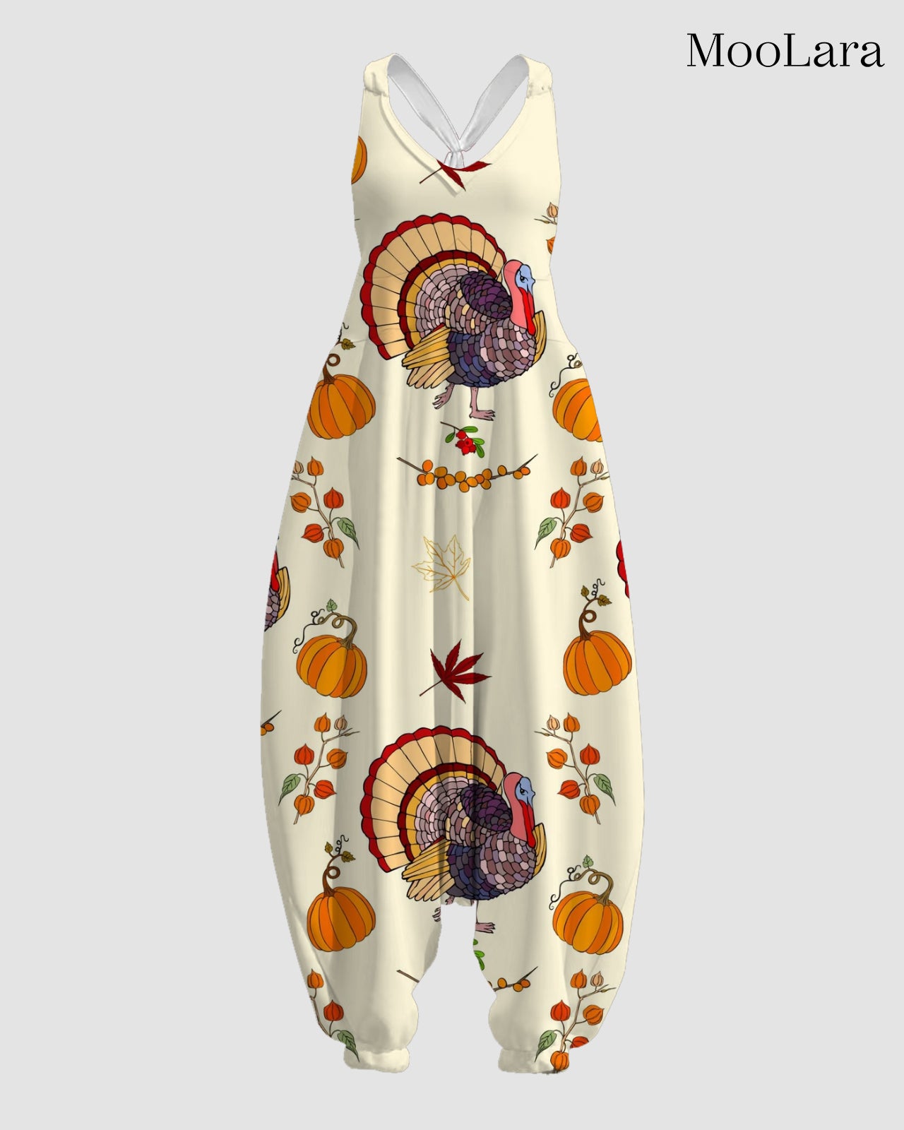 Women's Colorful Turkey with Pumpkin Print Sleeveless Jumpsuit Harem Pants