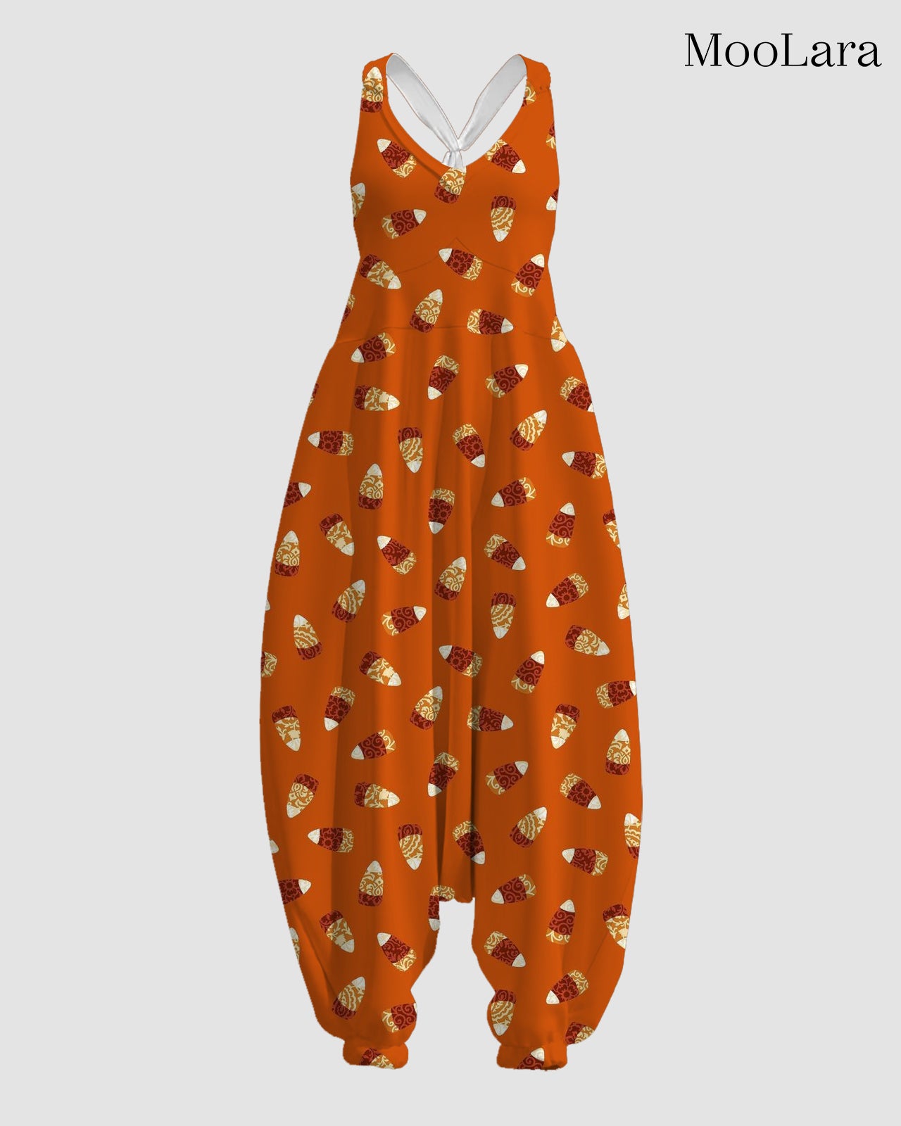 Women's Orange Candy Corn Print Sleeveless Jumpsuit Harem Pants