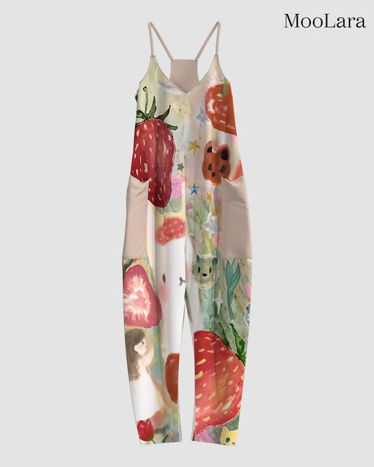 Women's Strawberry Print Sleeveless Jumpsuit