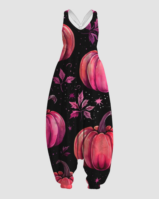 Women's Pink Pumpkin Print Sleeveless Jumpsuit Harem Pants