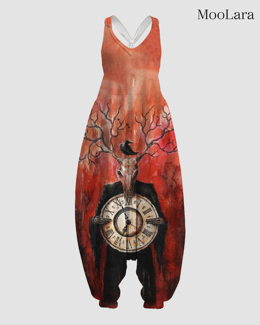 Women's Clock & Deer Print Sleeveless Jumpsuit Harem Pants