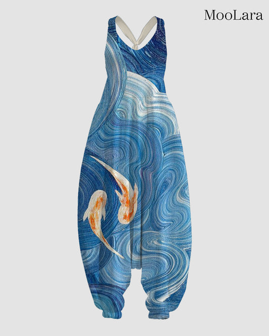 Women's Small Fish Print Sleeveless Jumpsuit Harem Pants