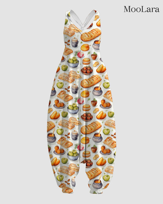 Women's Thanksgiving Meal Print Sleeveless Jumpsuit Harem Pants