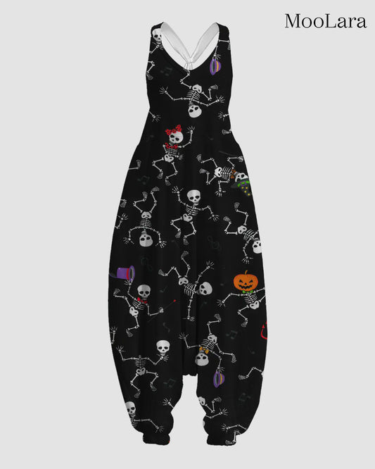 Women's Dancing Skeleton Print Sleeveless Jumpsuit Harem Pants