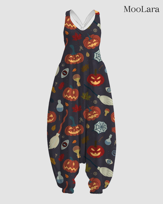 Women's Pumpkin With Broom Print Sleeveless Jumpsuit Harem Pants