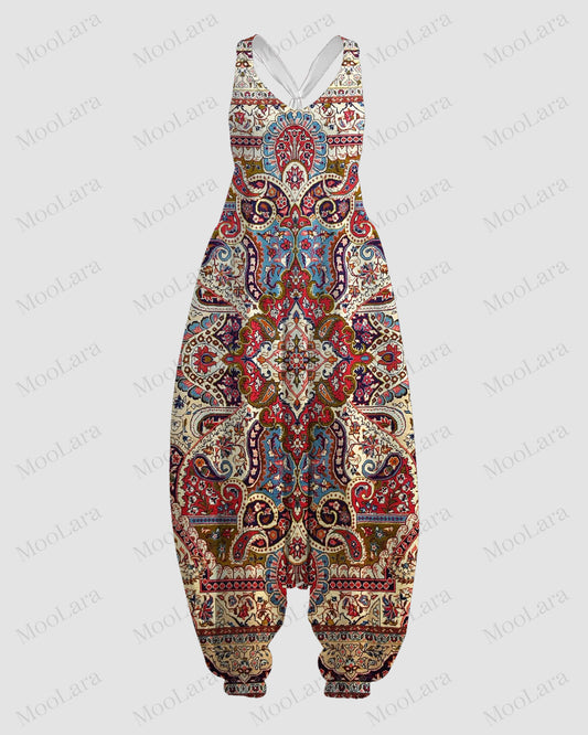 Women's Color Traditional Print Sleeveless Jumpsuit Harem Pant