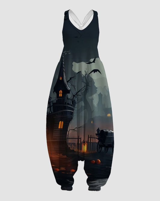 Women's Haunted House Print Sleeveless Jumpsuit Harem Pants