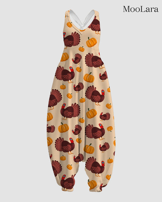 Women's Turkey & Pumpkin Print Sleeveless Jumpsuit Harem Pants