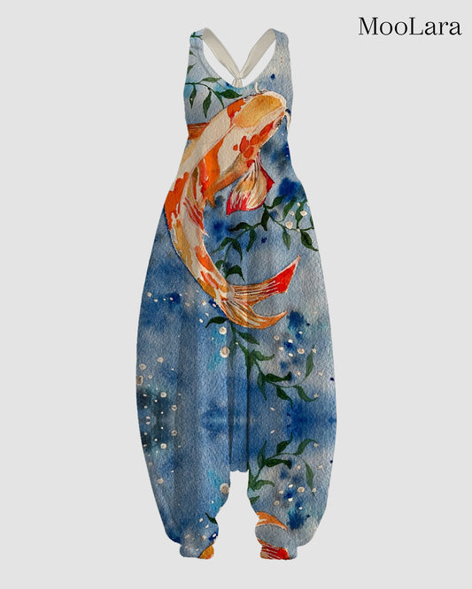 Women's Goldfish Print Sleeveless Jumpsuit Harem Pants