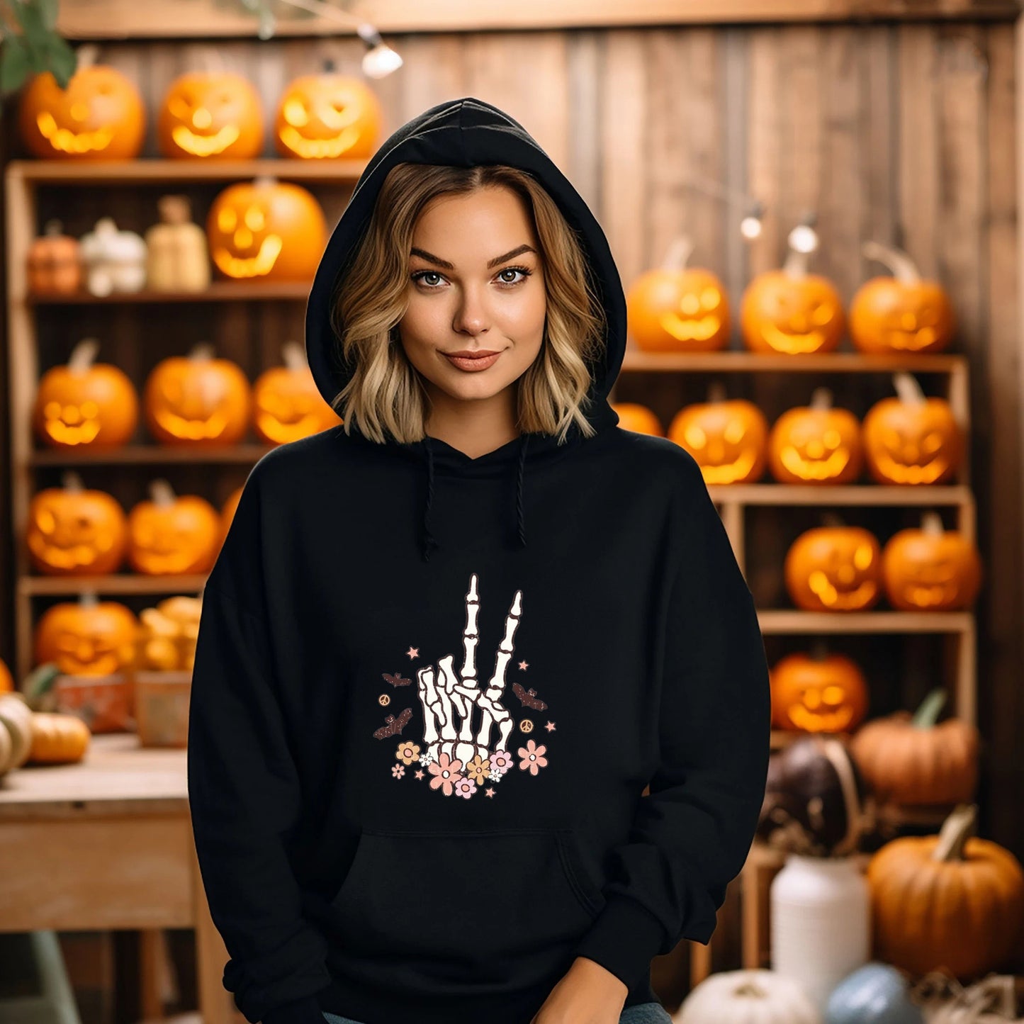 Women's Skeleton Hand with Flowers Print Hoodie