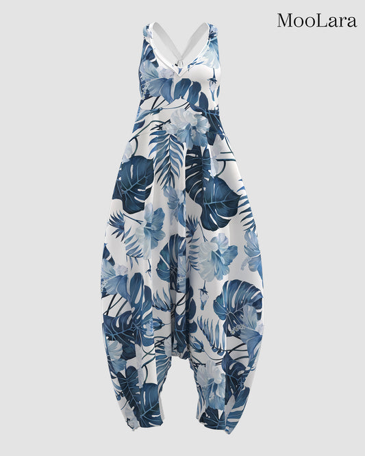 Women's Blue Floral Print Sleeveless Jumpsuit Harem Pants