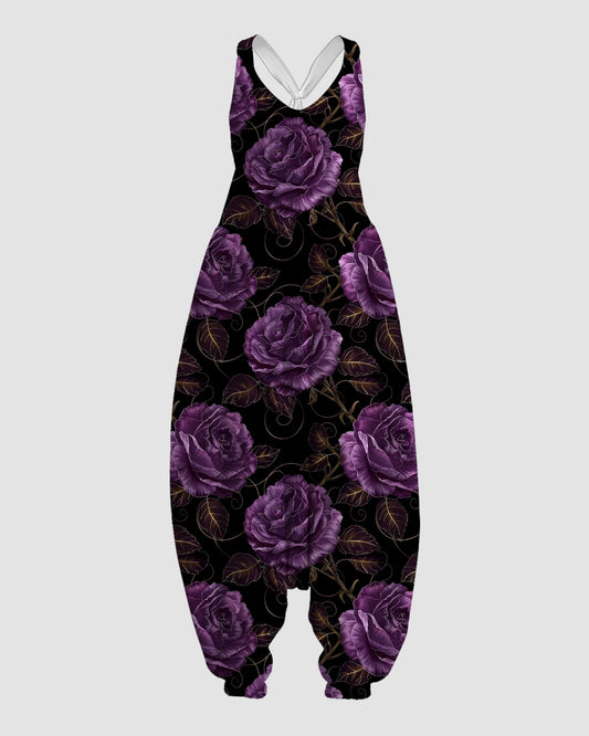 Women's Purple Rose Print Sleeveless Jumpsuit Harem Pants