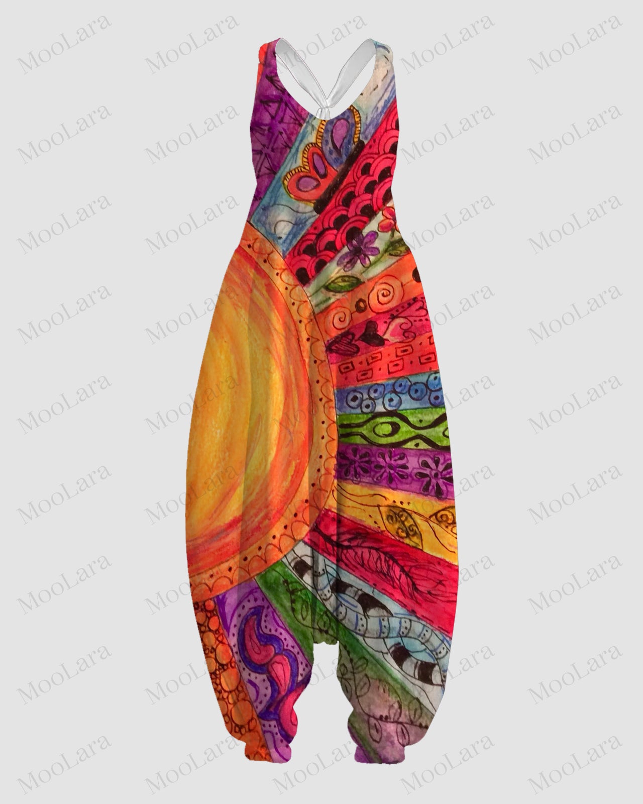 Women's Colorful Sun Collage Print Sleeveless Jumpsuit Harem Pant