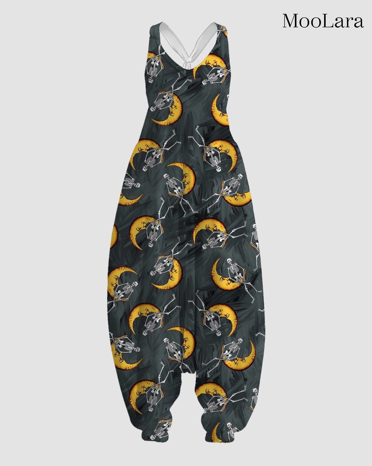 Women's Skeletons on Crescent Moons Print Sleeveless Jumpsuit Harem Pants