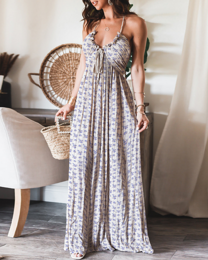 Pleated U-neck Sexy Halter-neck Maxi Dress