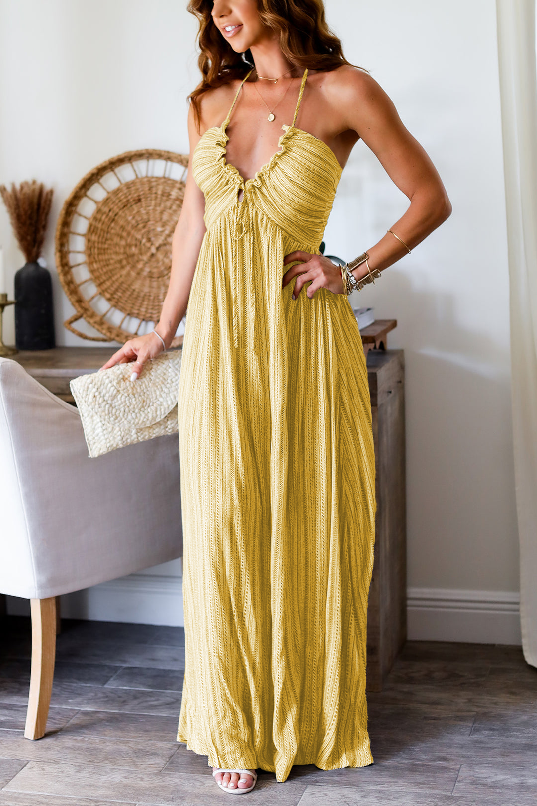 Pleated U-neck Sexy Halter-neck Maxi Dress