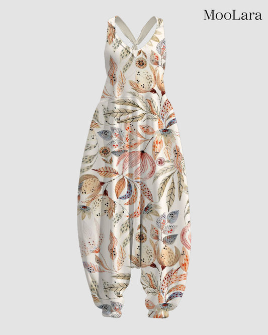 Women's Leaves Print Sleeveless Jumpsuit Harem Pants