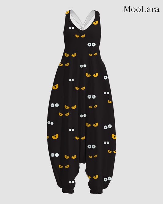 Women's Spooky Monster Eyes Print Sleeveless Jumpsuit Harem Pants