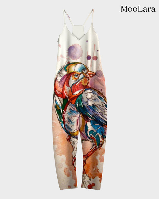 Women's Colorful Bird Print Sleeveless Jumpsuit