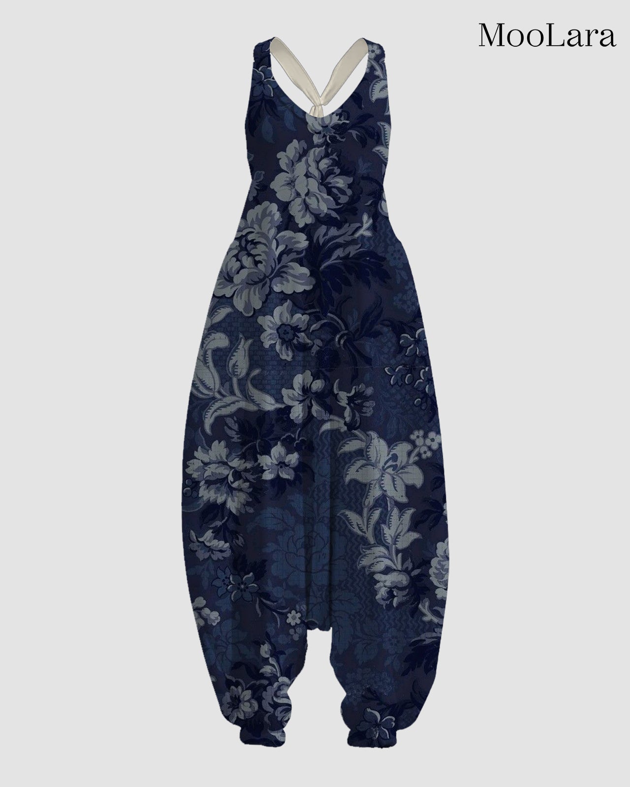 Women's Blue Floral Print Sleeveless Jumpsuit Harem Pants