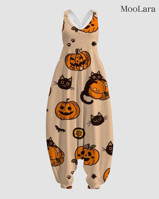 Women's Kitty With Pumpkin Print Sleeveless Jumpsuit Harem Pants