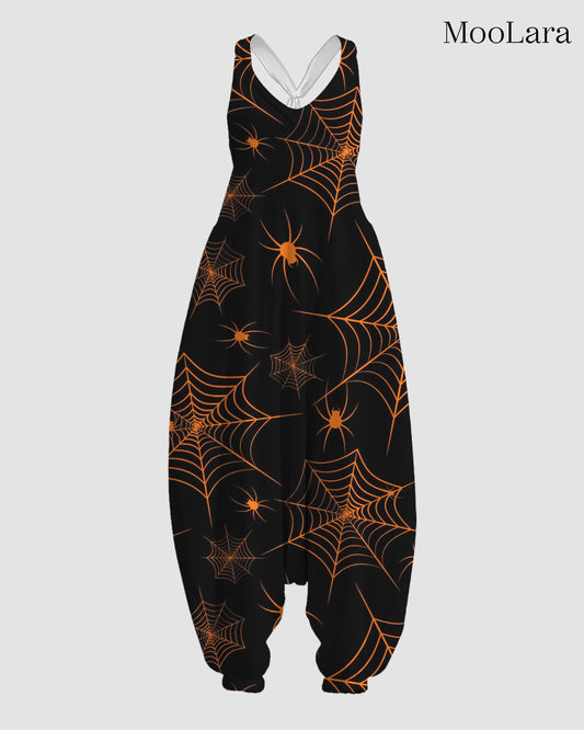 Women's Orange Spider Web Print Sleeveless Jumpsuit Harem Pants