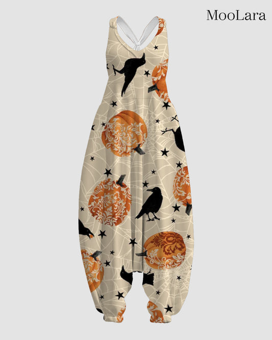 Women's Pumpkins and Crows Print Sleeveless Jumpsuit Harem Pants