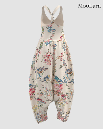 Women's Magpie Peach Blossom Print Sleeveless Jumpsuit Harem Pants