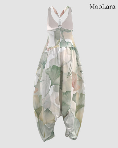 Women's Ginkgo Leaf Print Sleeveless Jumpsuit Harem Pants