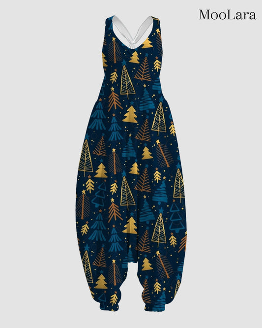 Women's Dark Blue Christmas Tree Print Sleeveless Jumpsuit Harem Pants