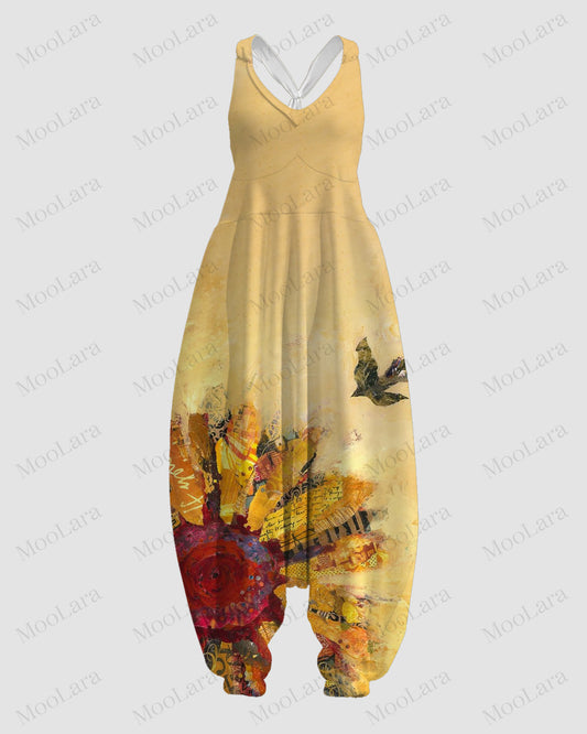 Women's Vintage Floral Art Print Sleeveless Jumpsuit Harem Pants