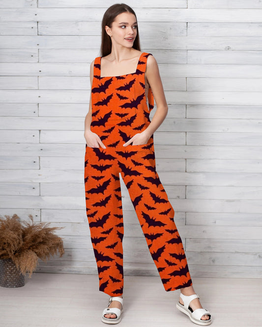 Women's Little Bat Print Loose Cotton and Linen Jumpsuit