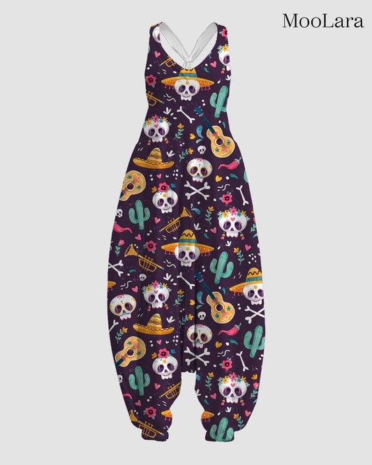 Women's Skull With Guitar Print Sleeveless Jumpsuit Harem Pants