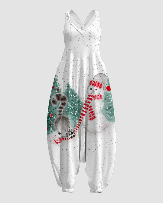 Women's Snowman And Cat Art Print Sleeveless Jumpsuit Harem Pants