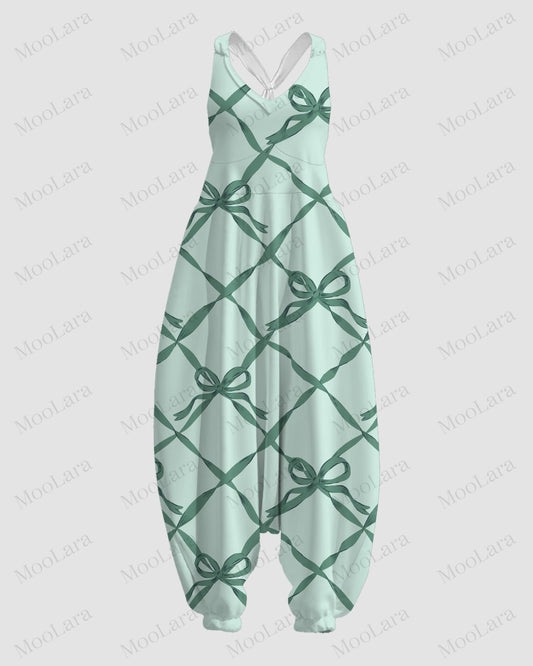 Women's Christmas Check Green Bow Print Sleeveless Jumpsuit Harem Pants